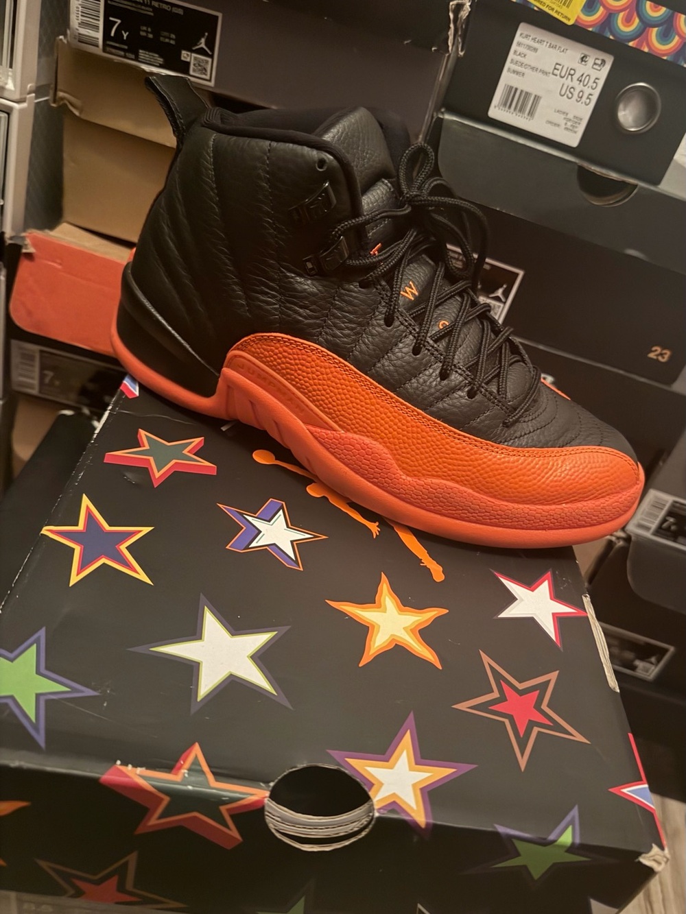 Jordan Kids' Black and Orange Retro 12 Sneakers